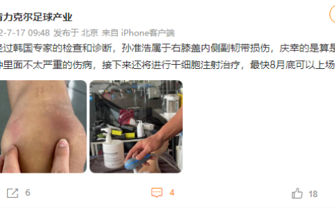 中超球员孙准浩将进行干细胞注射治疗，最快8月底复出